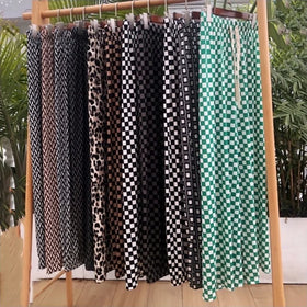 Women Summer Spring Plaid Casual Pants Ice Silk Smooth Loose Wide Leg Trousers New Lady Checkered Long Pants