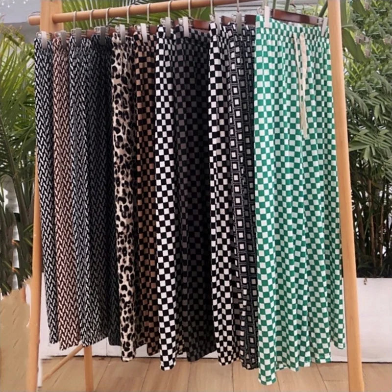 Women Summer Spring Plaid Casual Pants Ice Silk Smooth Loose Wide Leg Trousers New Lady Checkered Long Pants