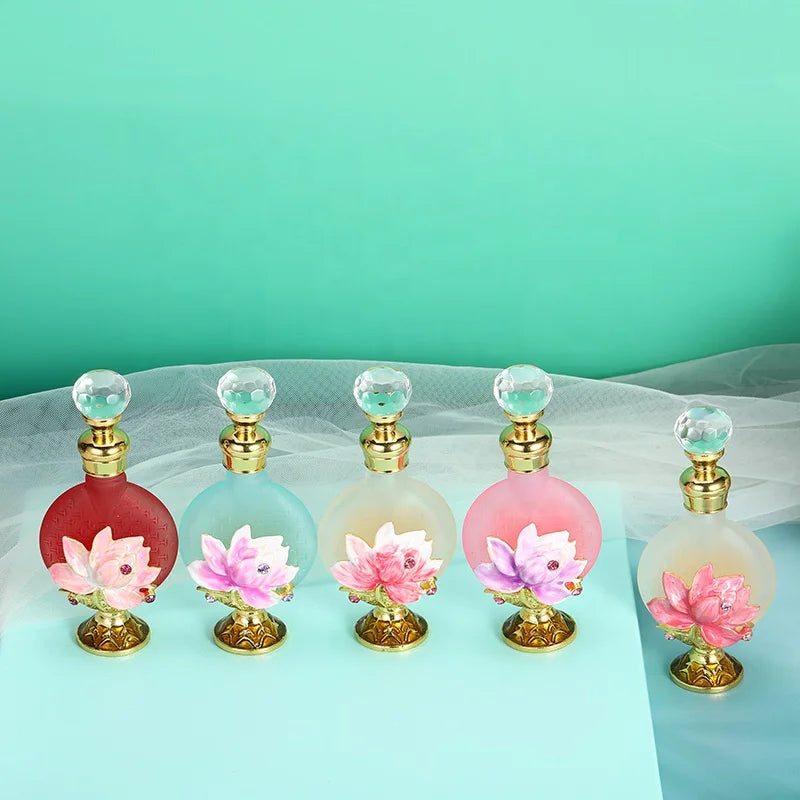 10ml Lotus Water Lily Metal Perfume Bottle Essential Oil Refillable Fancy Attar Bottles Container Gift Party Home Decoration