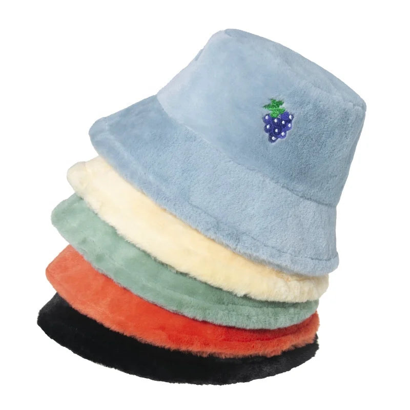 100% Polyester Soft Warm Furry Fluffy Custom Embroidery Fur Warm Female Cap Faux Fur Winter Bucket Hat