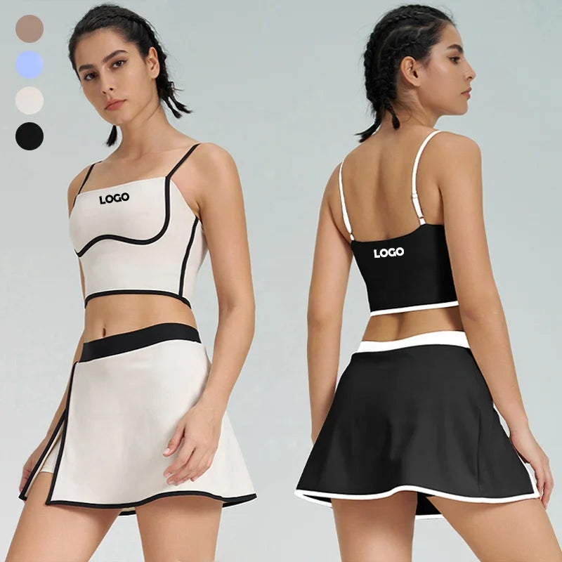 Women's Color Block 2pcs Tennis Dresses High Waisted Pleated Skirt Sets Sleeveless Padded Crop Top Golf Workout Outfits