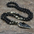 Bohemia Lava Rock Beaded Necklace for Men Jewelry Healing Meditation Obsidian Arrow Pendant Knotted Natural Pyrite Necklace