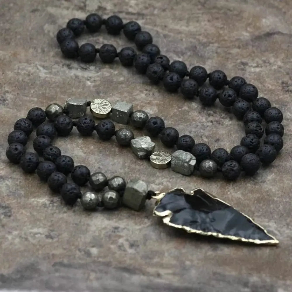 Bohemia Lava Rock Beaded Necklace for Men Jewelry Healing Meditation Obsidian Arrow Pendant Knotted Natural Pyrite Necklace