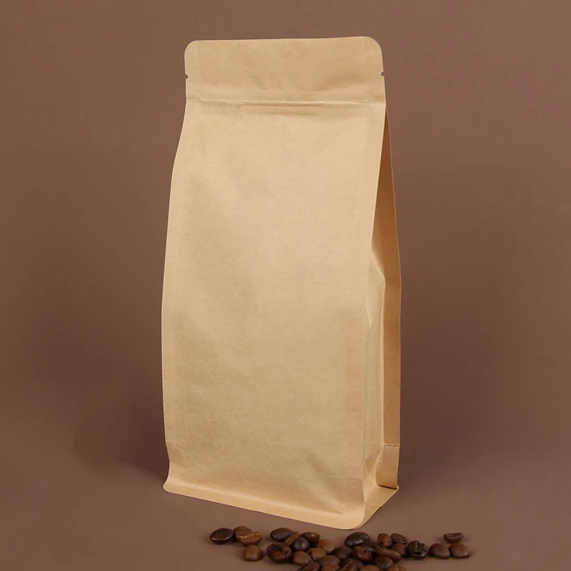 Custom Printing  Flat Bottom Zipper Bag Kraft Paper Brown Paper Coffee Box Bottom Bag with Valve Biodegradable Compostable Pouch