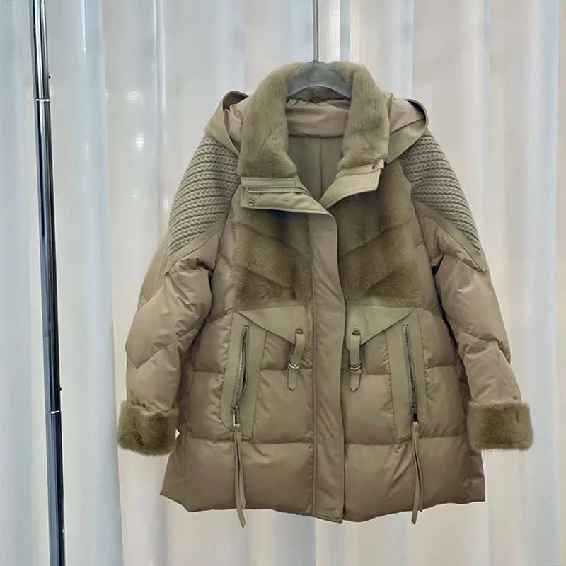 Oftbuy 2024 High-end Women Down Jacket Real Mink Fur Hooded Silk Fabrics Mid Length Warm Loose Goose Down Jacket for Winter