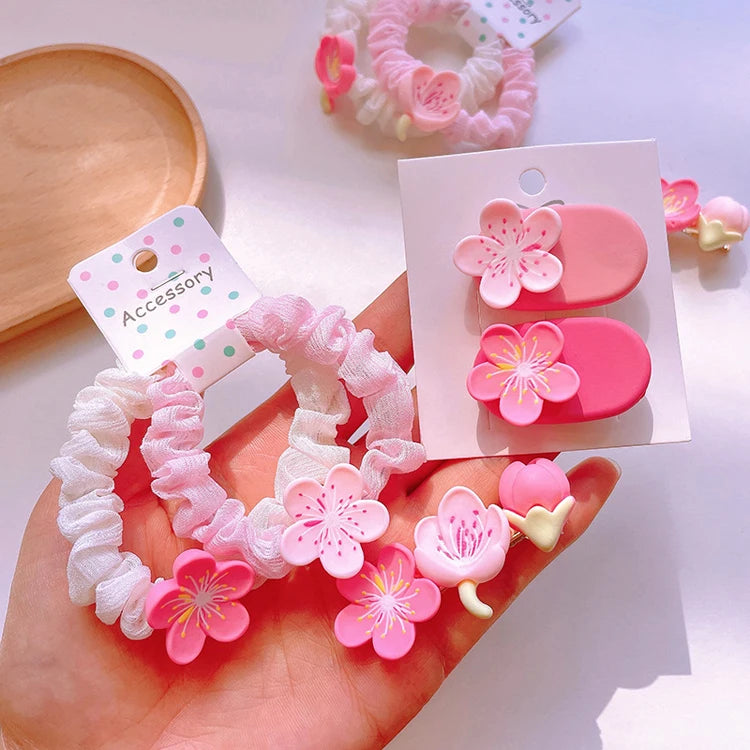 Sweet Pink Resin Flower Hairpin Ins Girly Fabric Plaited Hair Ring Cute Clip Hair Accessories