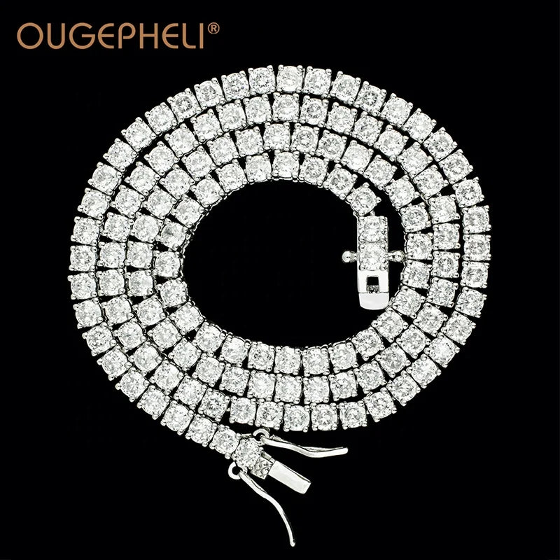 OUGEPHELI Tennis Chain Necklace S925 925 Sterling Silver Zicon Cubic Zirconia CZ 3mm 4mm 5mm Hip Hop Jewelry for Men Women
