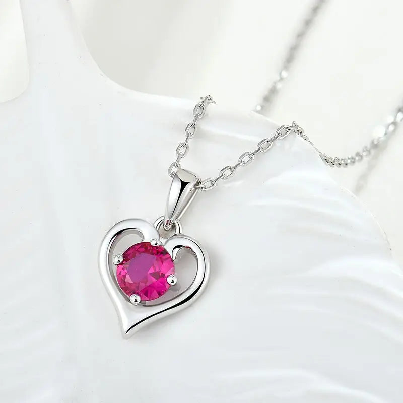YH JEWELLERY Fine Women 925 Sterling Silver Heart Shape Necklace Silver Heart Round Red Corundum CZ Heart Shape Pendant Necklace