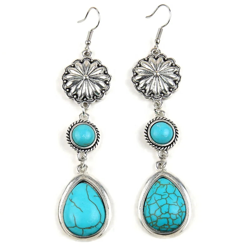 Beautiful Vintage Women Earring  Alloy Flower Earrings Triangle Round Drop White Blue Turquoise Pendant Earring Western Jewelry