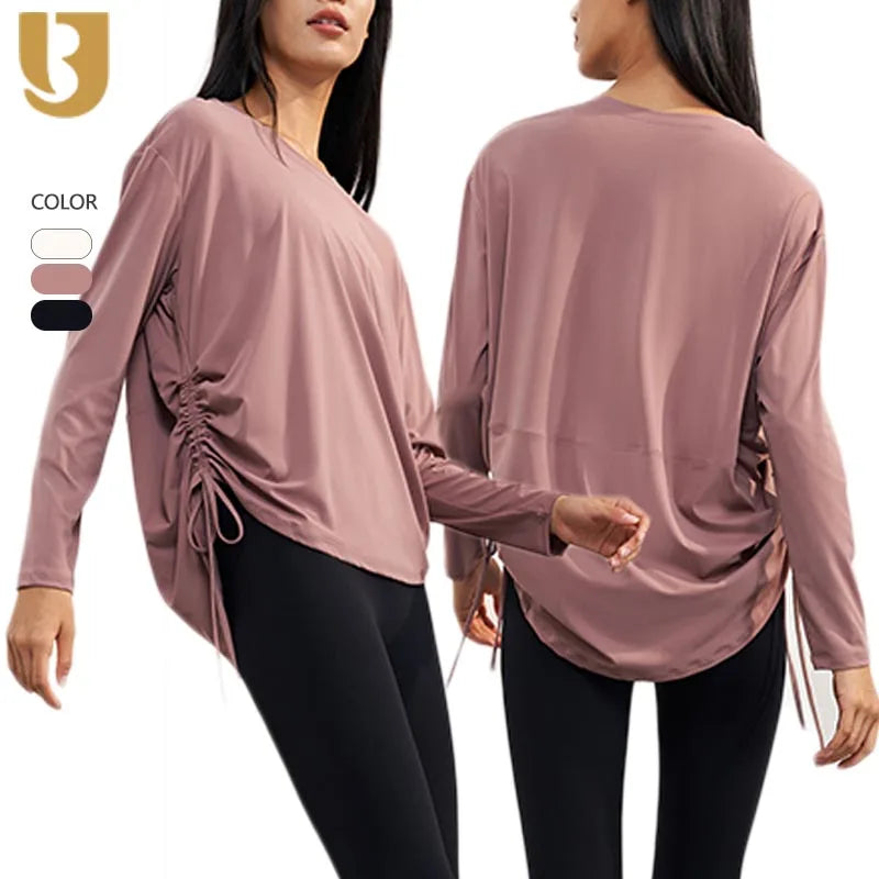 Women's Long Sleeve Sports Gym Yoga Shirts Custom Workout Casual Fitness Breathable Soft Running Drawstring Loose Fit