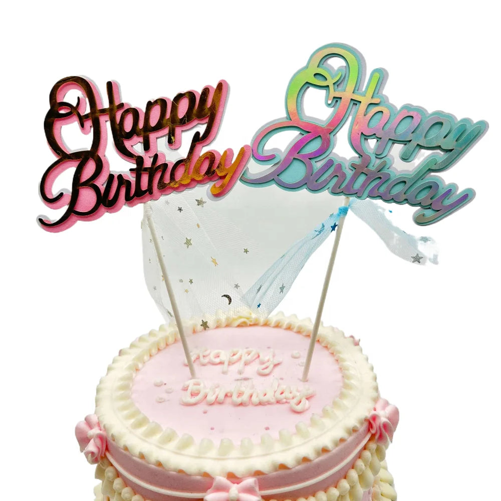 Custom Flag Mesh Lace Double-Layer Cake Topper Party Supply Happy Birthday Cake Toppers