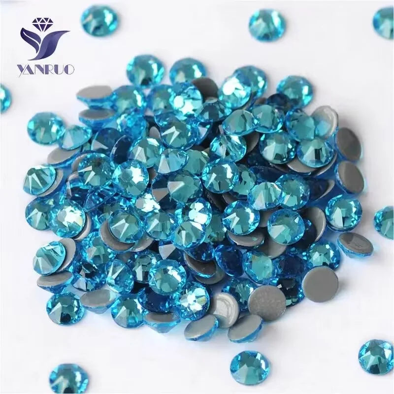 Chinese Factory Yanruo Glass Flat Back Stone Cristal Aquamarine Color Hotfix Rhinestones for Dress