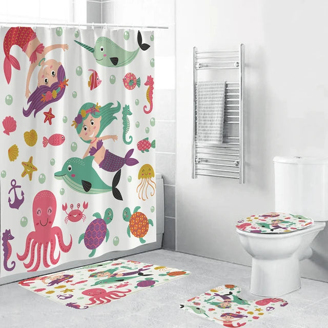 Cartoon Dinosaur Cute Shower Curtain for Children Bath Animal Print 4 Piece Accessories Set Soft Toilet Mat Pad Bathroom Decor/