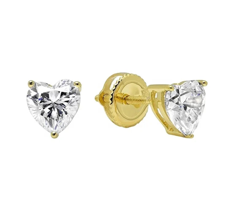 Heart Cut Solitaire 14k Stud Gold Diamond Screw Back Bridal Cubic Zirconia Womens Stud Earrings Gold Jewelry