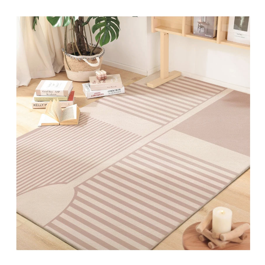 Abstract Indoor Low Pile Strip Carpet Warm Beige Floor Mat for Living Room
