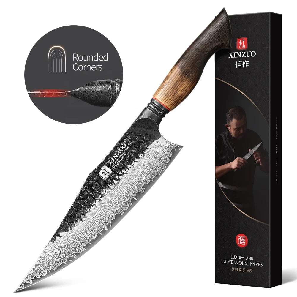 XINZUO New Damascus Steel Chef Knife Custom White Oak Burnt Wood Handle Sharp Kitchen Knives Outdoor Design