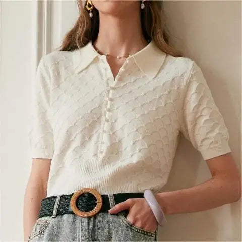 2026 Manufacturer Custom Summer Pearl Button White Solid Color Short Sleeve Textured Lapel Knit Tee Shirt Top for Women