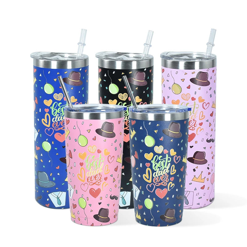 Custom 20oz Powder Coated Straight Regular Double Walled Stainless Steel Tumbler with Lid and Straw for Mother's Day Gifts