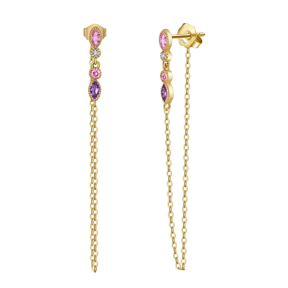 Fine Jewelry for Women 925 Sterling Silver Stud Earring Chain with Cubic Zirconia Women Long Tassel Chain Stud Earrings