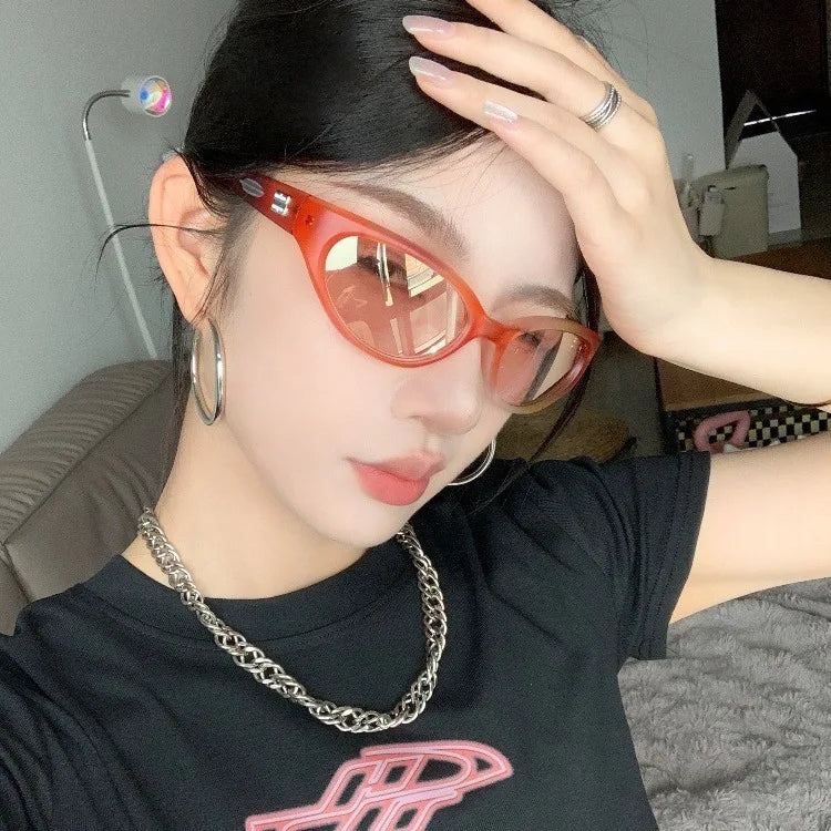 ShanHai 2025 New Sunglasses for Women Sand Orange Retro Cat Eyes Elliptical Spicy Girl Cycling Sunglasses Round Face Trendy
