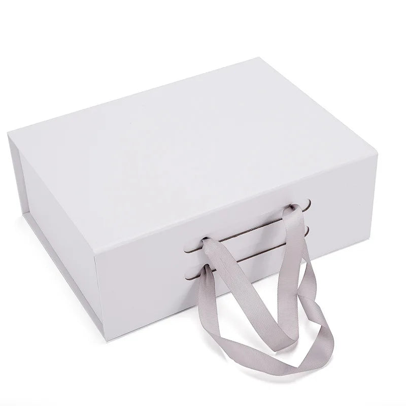 Custom White Folding Box Magnetic Close with Ribbon Handle Logo Customized Elegant Eco-Friendly Packaging Box for Clothing