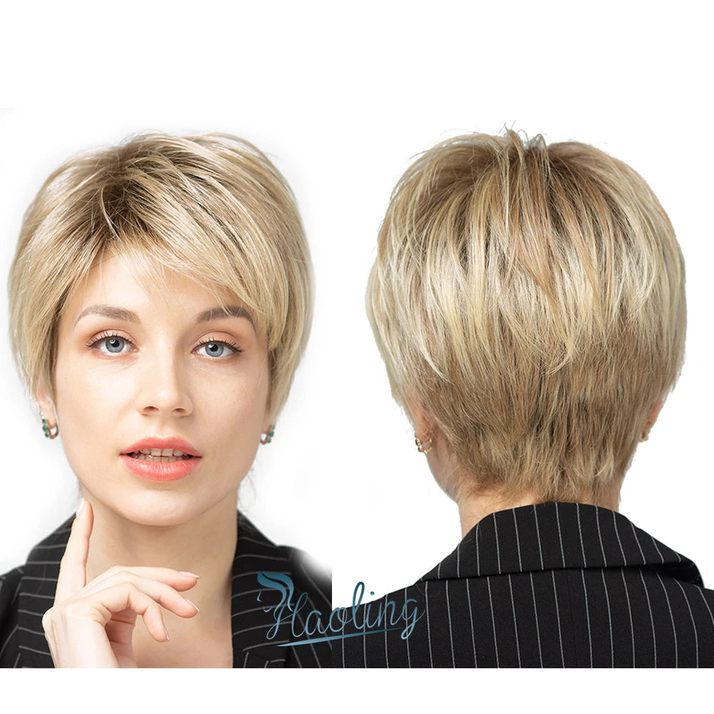 HAOLING Short Light Blonde Golden Wig with Brown Roots Wig for White Women Cheap Synthetic Wig