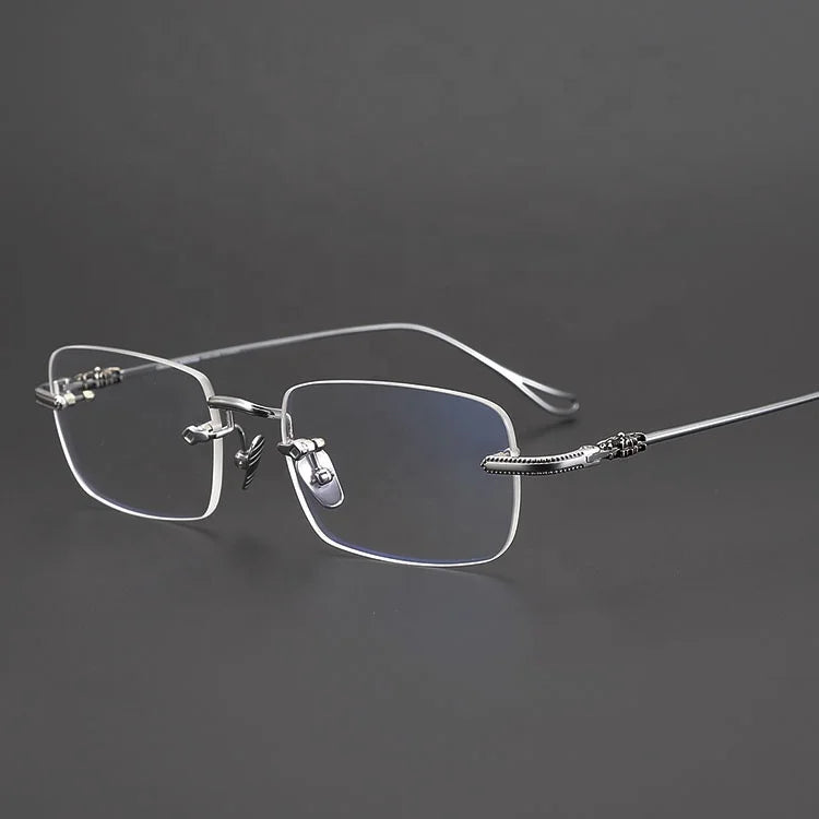 Stylish Men's Designer Titanium Frame Optical Eyeglasses Anti-Blue Reading Glasses with Solid Pattern Rimless Spectacles