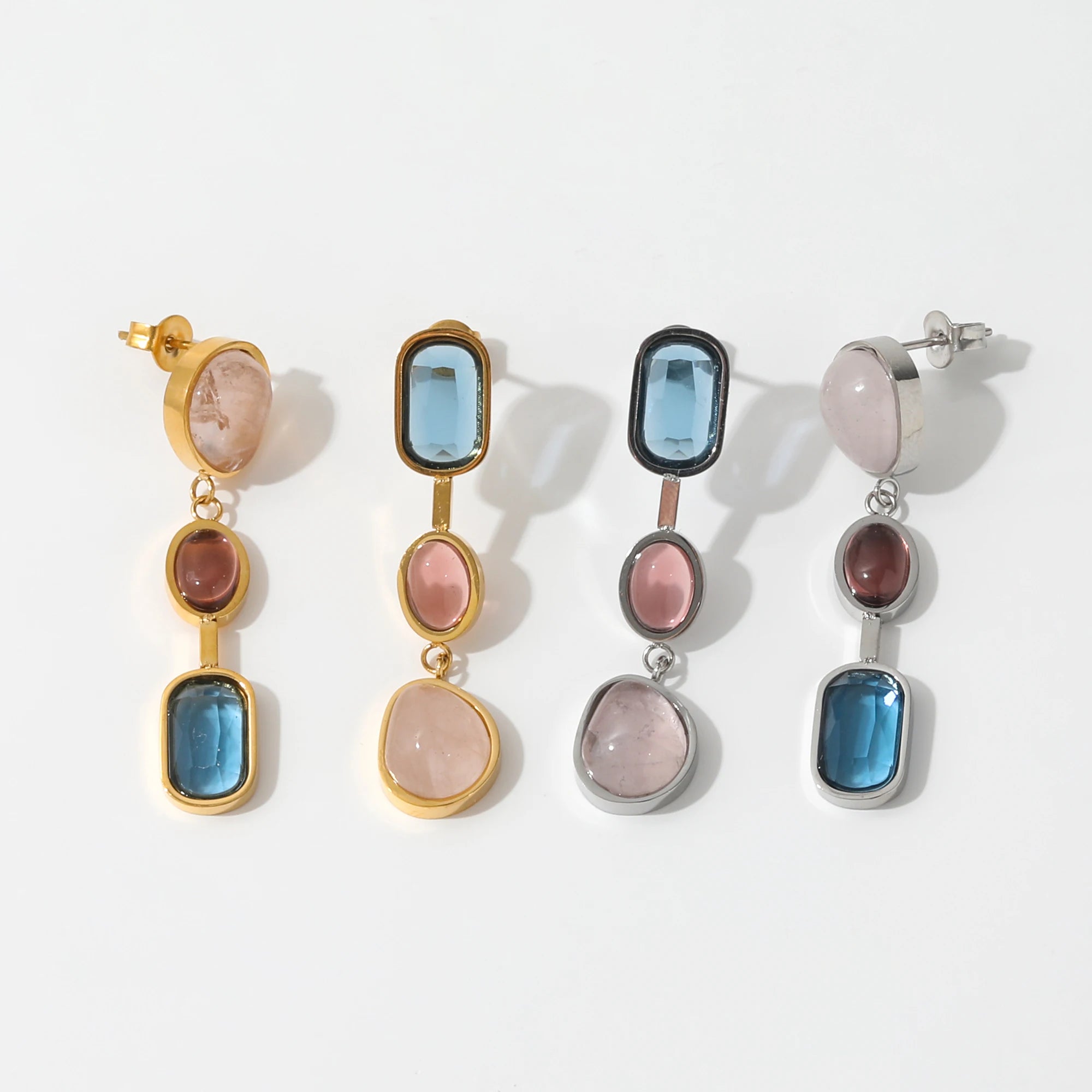 New Trendy 18K Gold Plated Statement Crystal Colorful Glass Stone Tassel Stud Earrings for Women Stainless Steel Jewelry