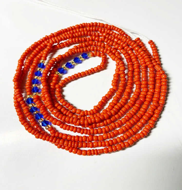 Red Glass Seed Beads Bluecrystal Bead Tie on Waist Beads Belly Body Chain with Clasp Double Cotton String for Ladies