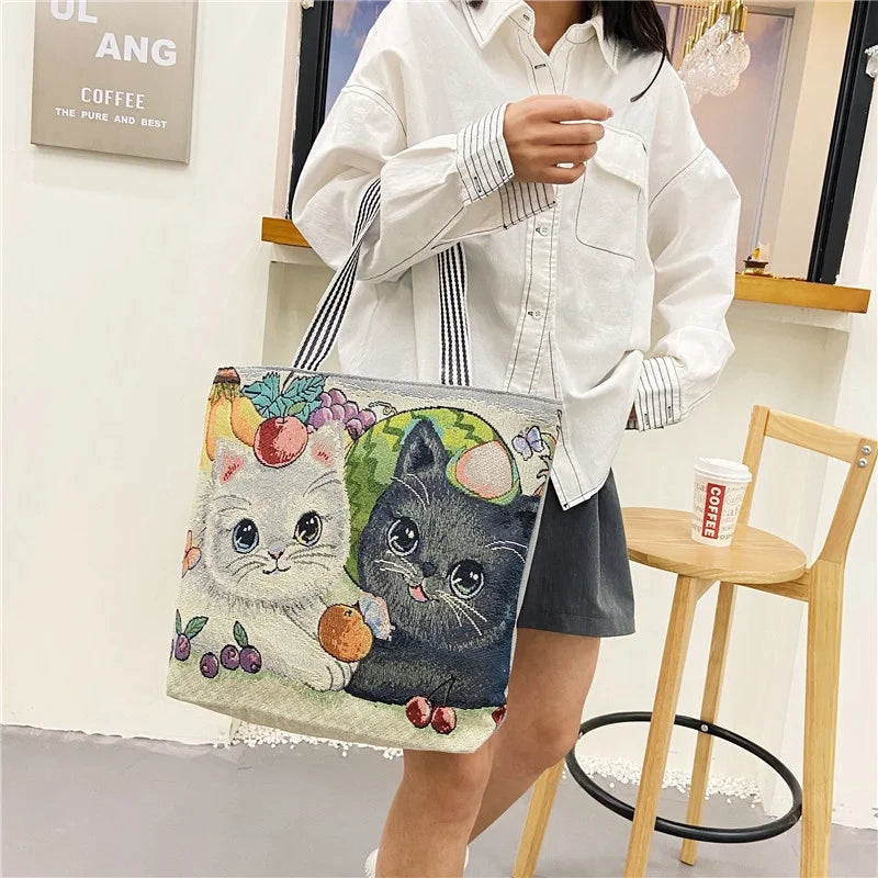 Hot Selling Cute Cat Embroidered Large Capacity Beach Tote Bag with Two Handles Casual Zipper Closure for College Use