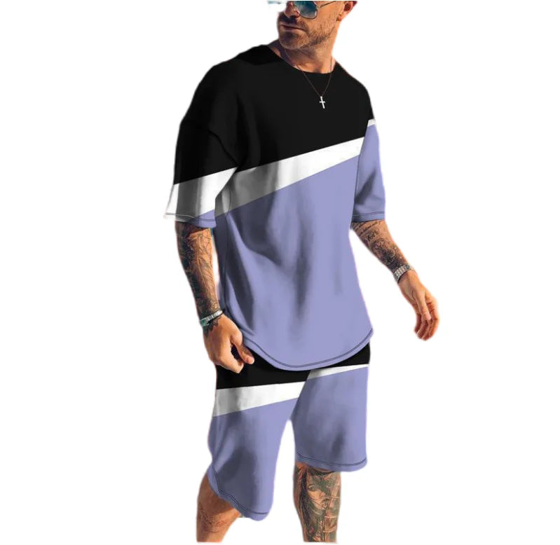 S-6XL T-shirt Short Sleeved Two-piece Set Leisure Colorful Patchwork Shorts Handsome Summer Shorts Streetwear Set