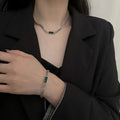 Tarnish Free 18k Gold Plated Double Chunky Chain Necklace Bracelet Set Stainless Steel Green Square Diamond Necklace for Women