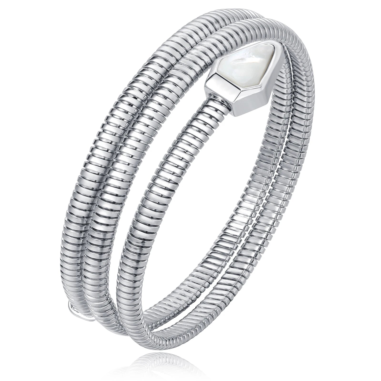 Fashion Trendy Platinum Plated Brass Natural Mother-Of-Pearl Multi-Layer Elastic Metal Snake Bone Unisex Anniversary Bracelet