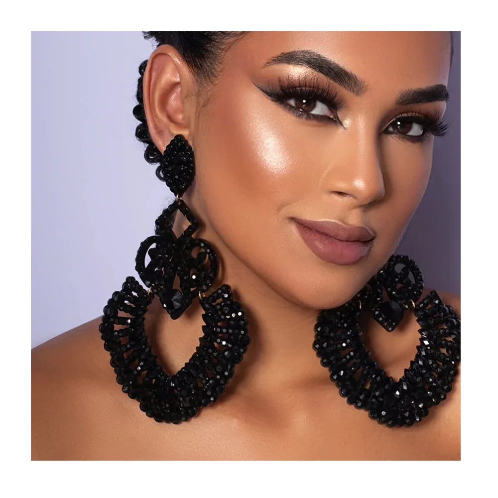 Wholesale Fashion Exaggerated Geometric Super Large Rhinestone Black Diamond Drop Earrings for Women