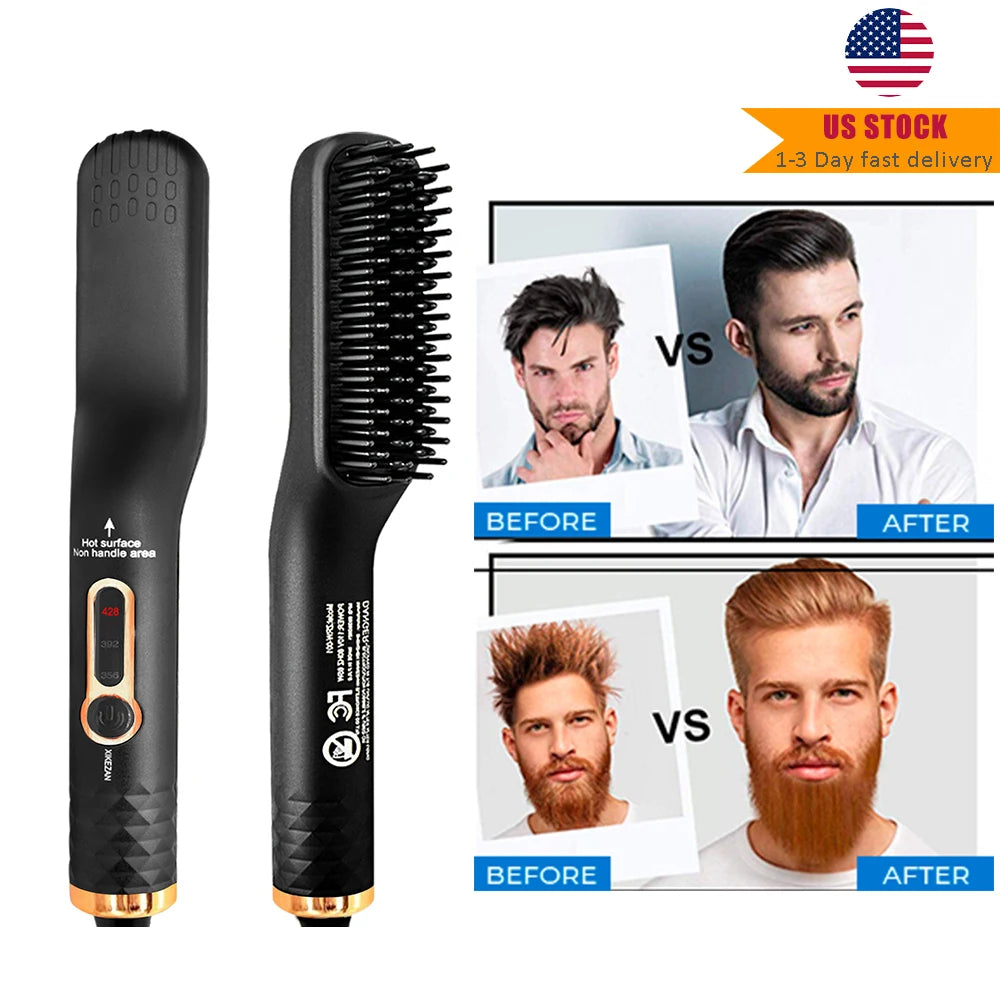 Men's Grooming Beard Straightener Brush 3 in 1 Curler Mini Men Beard Care Short Hair Straightener Comb