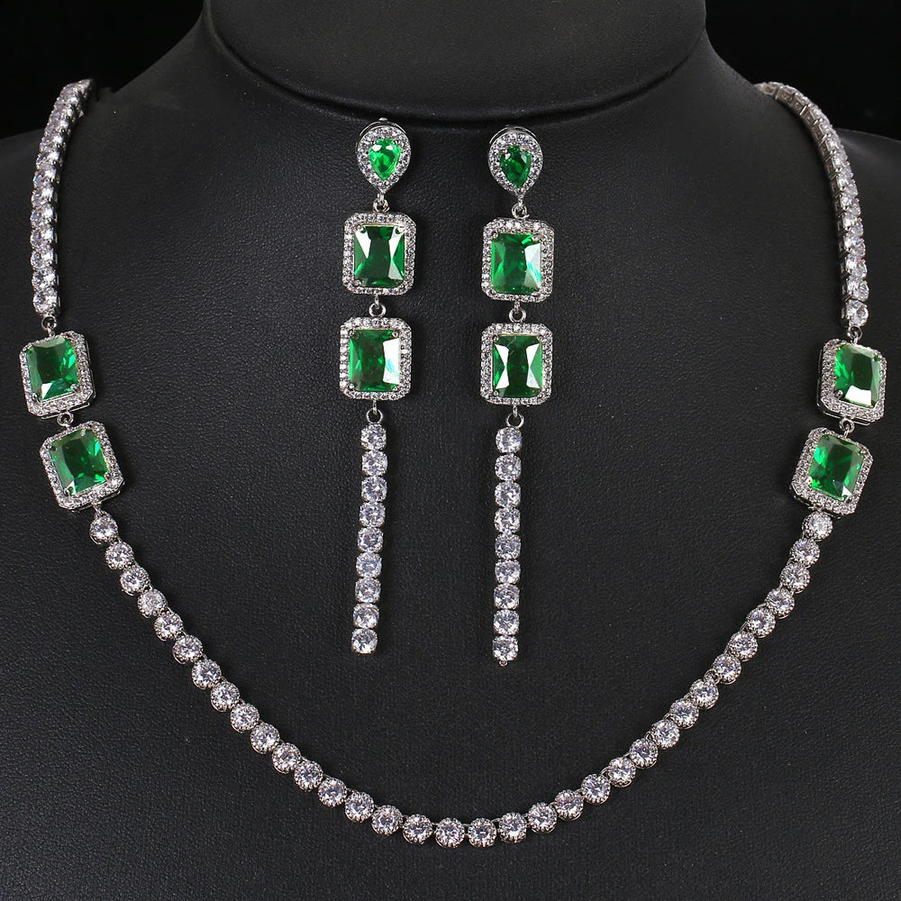 2022 New Luxury Crystal Wedding Jewelry Set Shiny Bridal Necklace Earrings Elegant Emerald Zircon Jewelry Set for Women