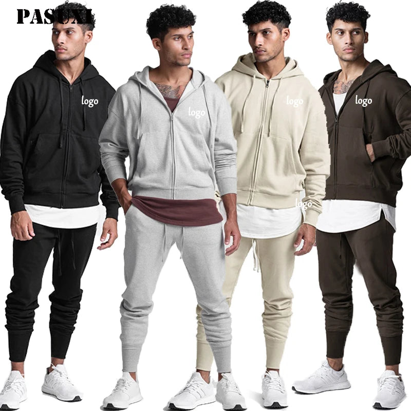 PASUXI Custom Print Logo Men's Sportswear Set Cotton Hoodie and Jogging Sweatpants Plus Size Track Suit with Custom Logo Print