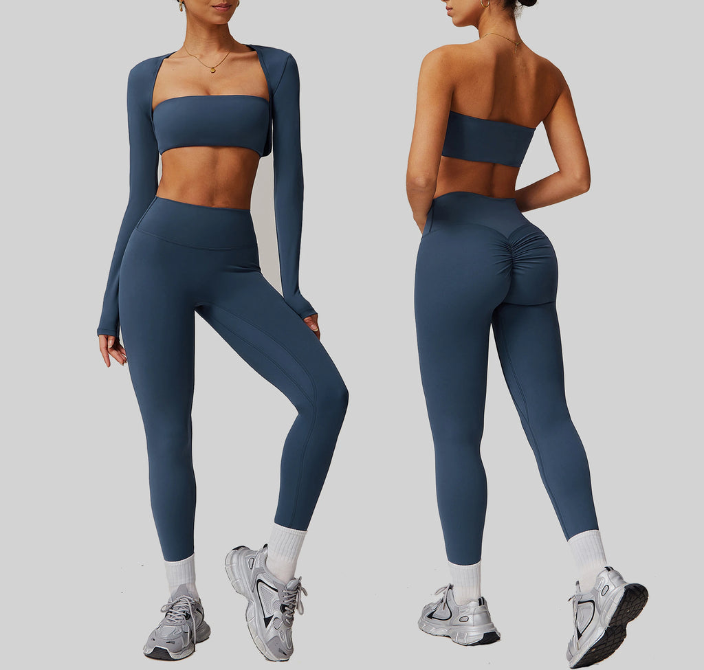 Wholesale Women Outdoor Fitness 3 Piece Tracksuits Yoga Sets Sports Wear Yoga Crop Tops and Jacket High Waist Leggings Set
