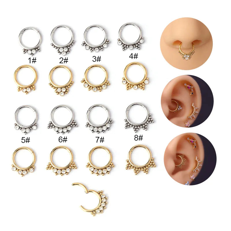 Hengsen Stainless Steel Earrings Crystal Nose Rings Hinged Segment Clicker Hoop Tragus Helix Cartilage Nostril Piercing Jewelry
