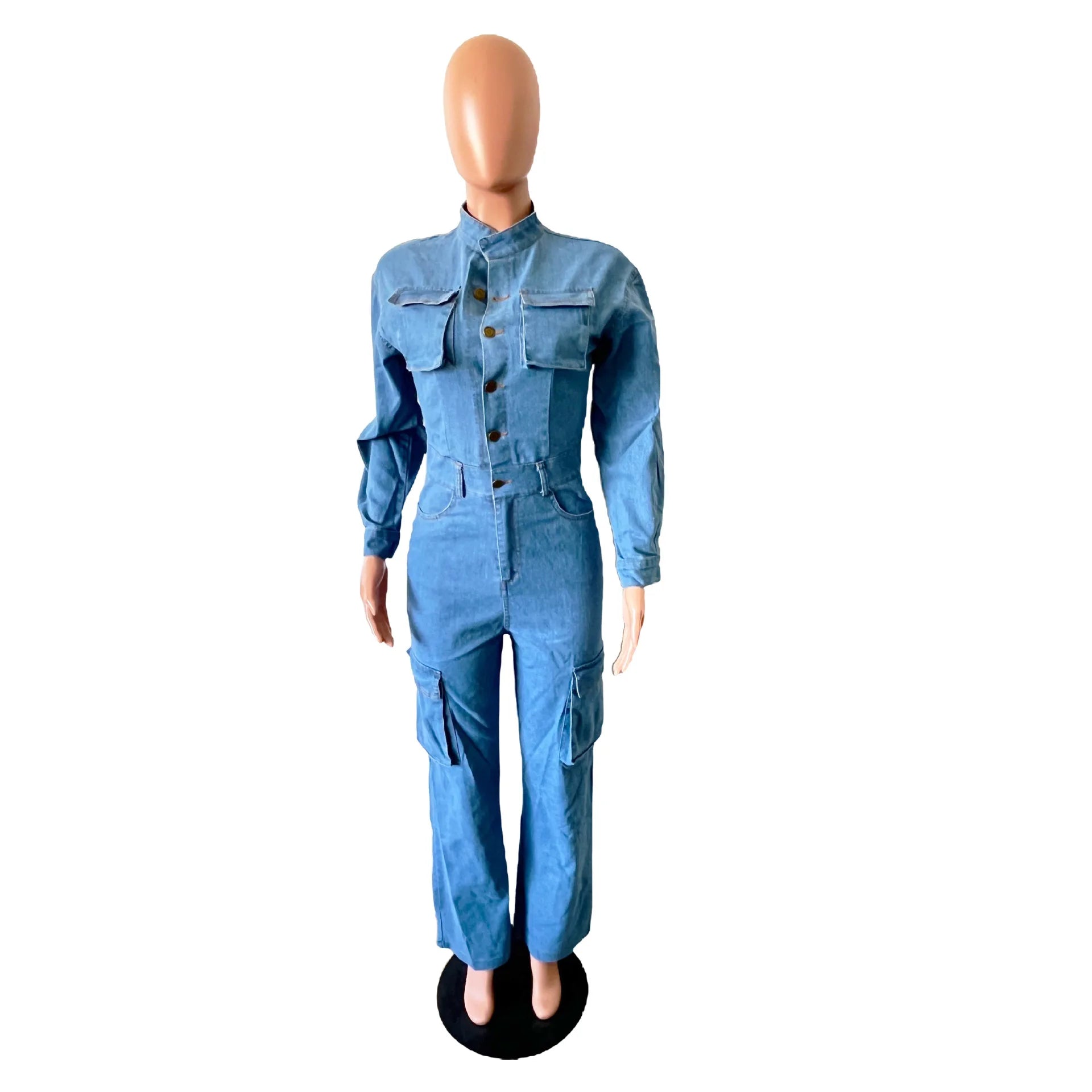 RTS Knitted Solid Color Bodycon Tight Waist Long Sleeve Casual Cargo Women Denim Jumpsuits