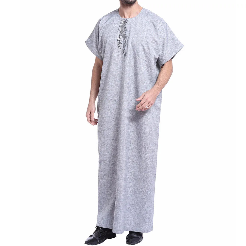 Men Islamic Clothing Muslim Kaftan Short Sleeve Dubai Saudi Arabia Men Embroidery Linen Jubba Thobe