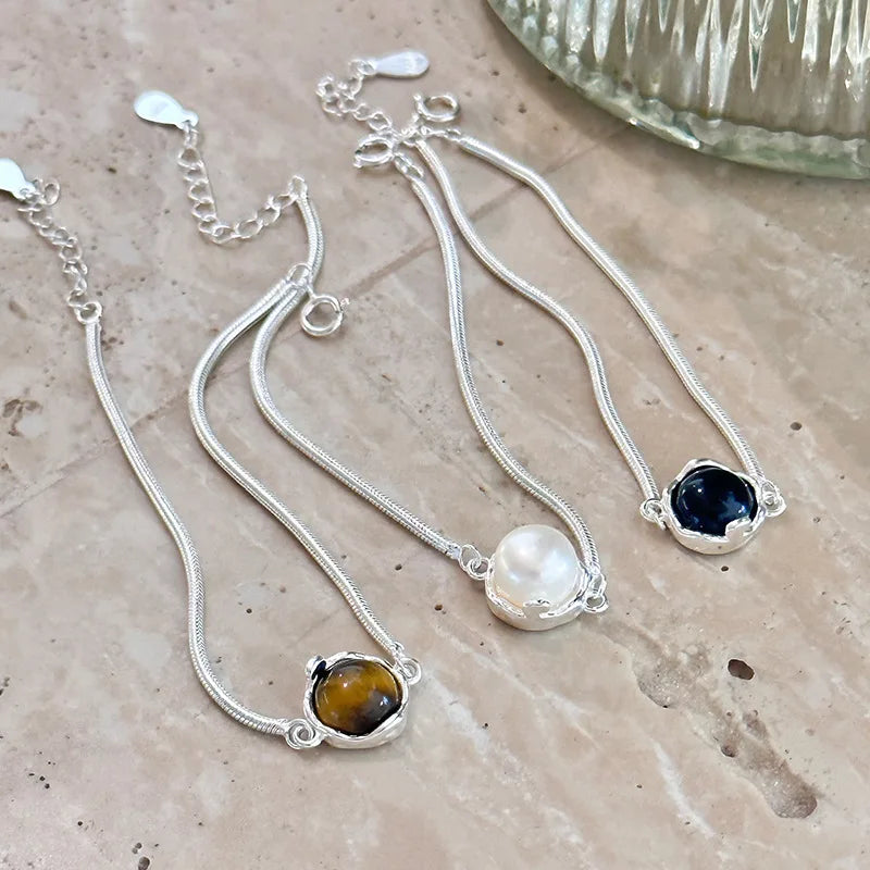 925 Sterling Silver Snake Bone Chain Bracelet with Black Onyx Tiger Eye Freshwater Pearl Charm Bracelet for Fashionable Elegance
