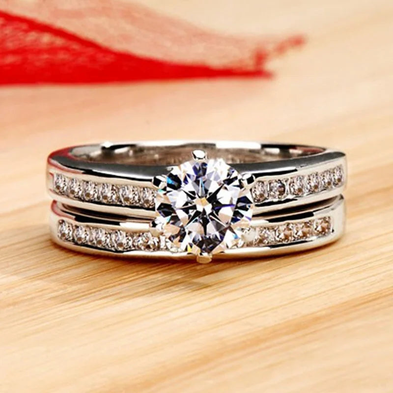 Huitan Fashion Show Elegant Diamond CZ Jewelry 2Pcs/Set Couples Ring Women Girls Silver Plated Engagement Wedding Ring Set
