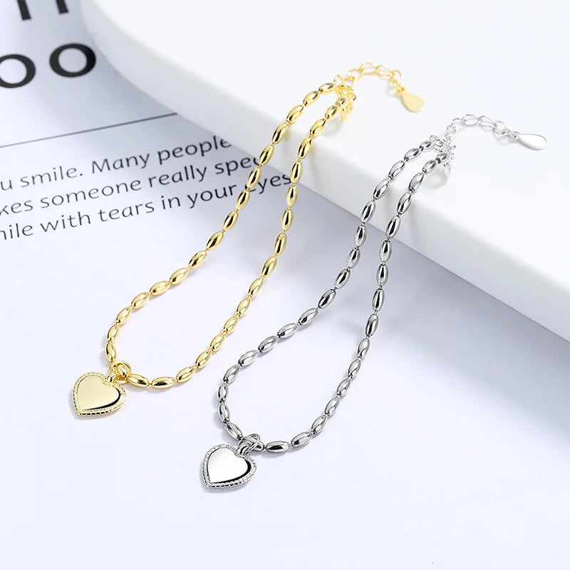 Fashion Fine Jewelry 925 Sterling Silver Minimalist Simple Plain love Heart Charm Pendant Gold Plated  Bracelets for Women