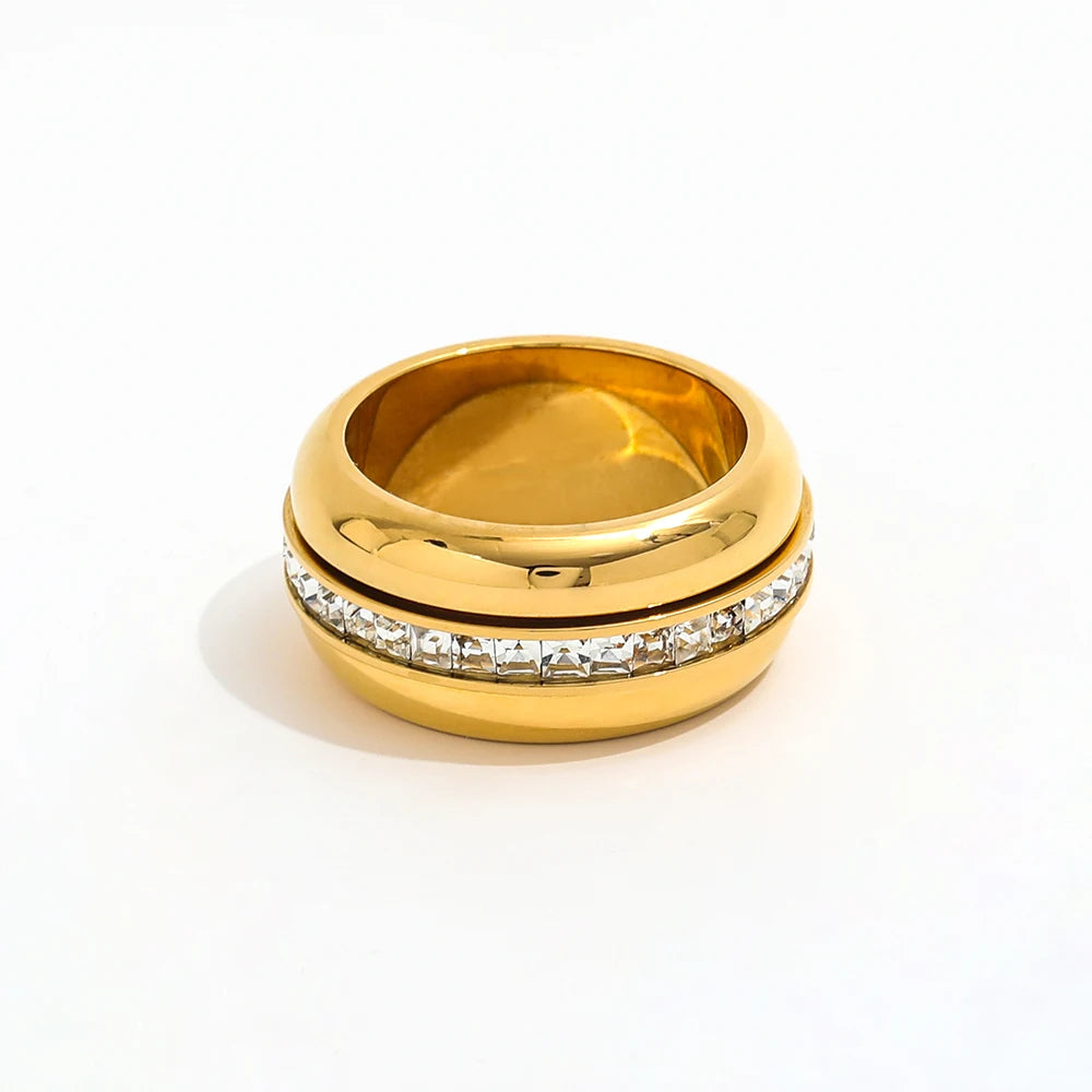 High End 18K Gold Plated Waterproof Plain Gold Zirconia Pave Rotatable Stainless Steel Spinner Spin Fidget Anxiety Rings MegaBDM
