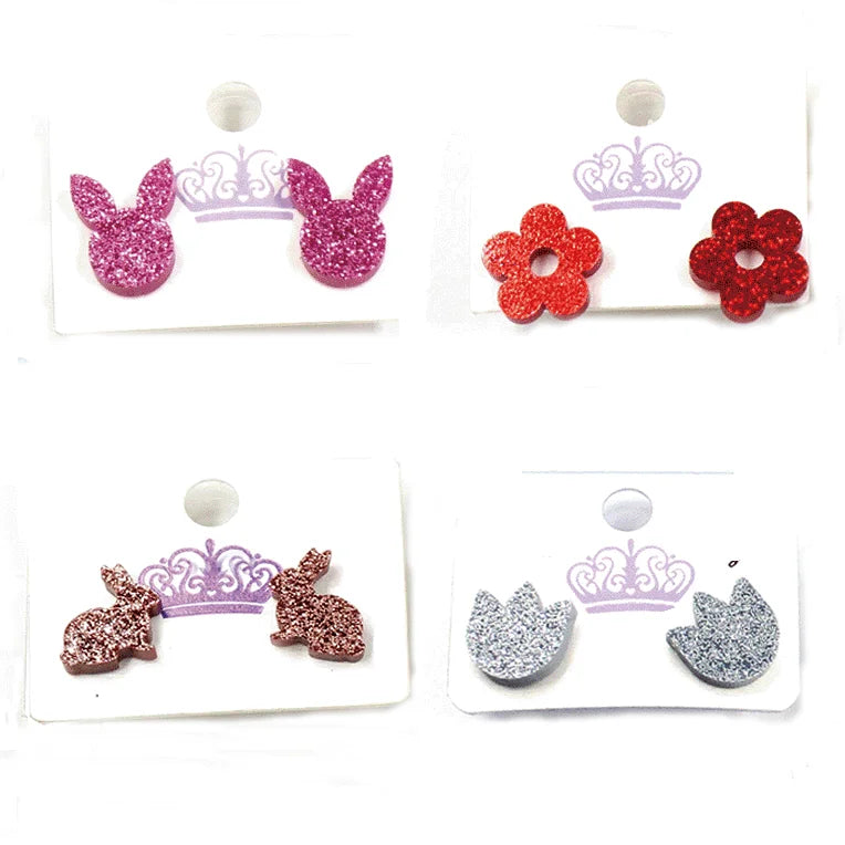 Cute Spring Easter Flower Bunny Stud Earrings Glitter Pink Acrylic Jewelry Titanium Steel