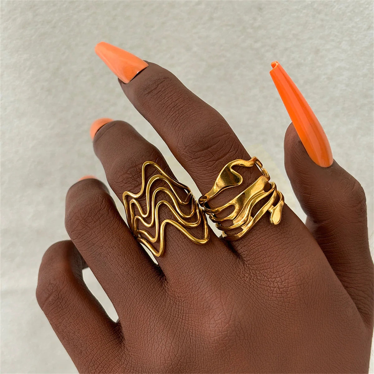 2 Pcs/Set Waterproof Stainless Steel Irregular Hollow Out Rings for Women Trendy Ladies Large Finger Ring Fashion Female Jewelry