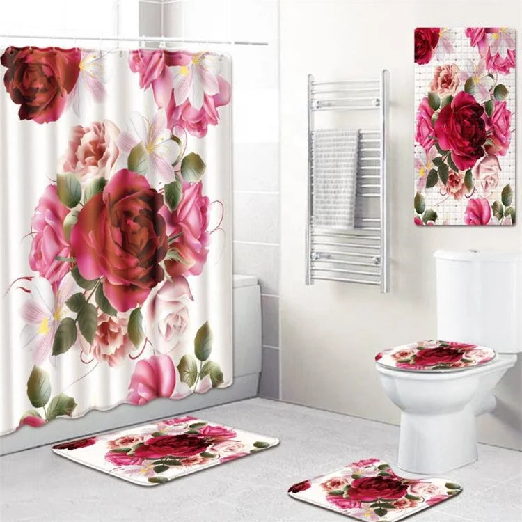 Printed 3D Shower Curtain Floral Shower Curtain Set With Floor Mat Custom Washable Shower Curtains