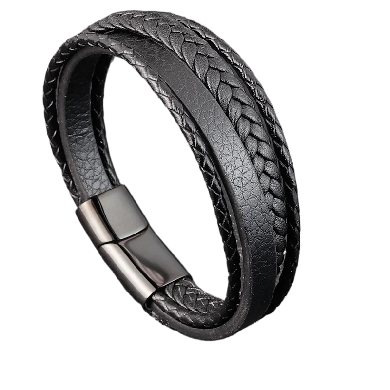 Wholesale Fashion Charm Bracelets for Boys Genuine Leather and Stainless Metal Bulk Jewelry