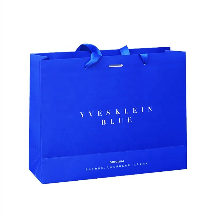 Custom logo Printed Luxury Klein Blue Paper Gift Packaging Bags Clothes Shopping Bag with Handle